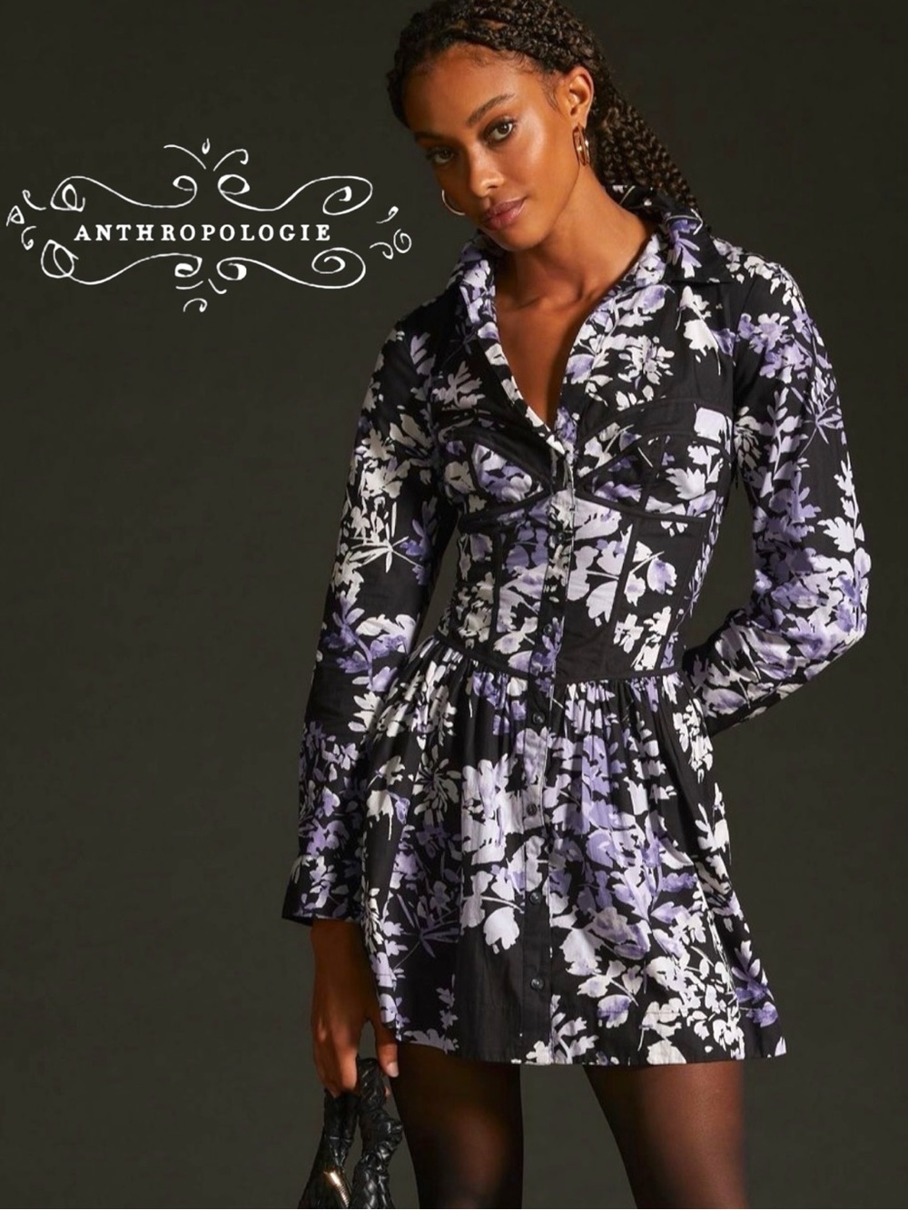 Anthropologie corset shirt dress in black pattern, size 6 NWOT